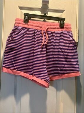 Striped Pink & Blue Athletic Lounge Shorts with Drawstring Waist
